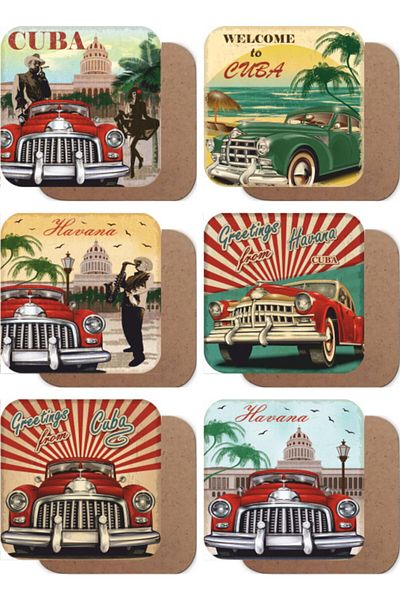 Hayat Poster Cuba Havana Classic Cars Set of 6 Wooden Coasters