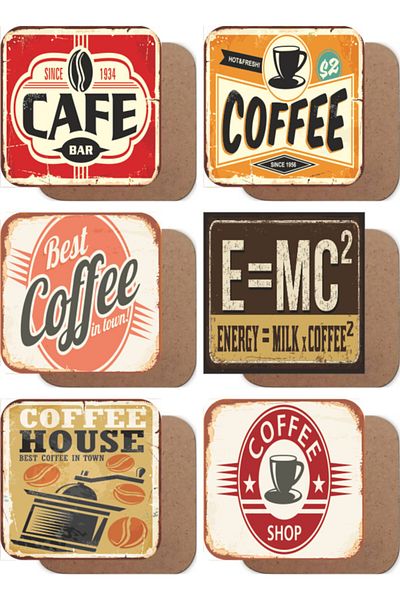 Hayat Poster Set of 6 Retro Coffee Themed Wooden Coasters