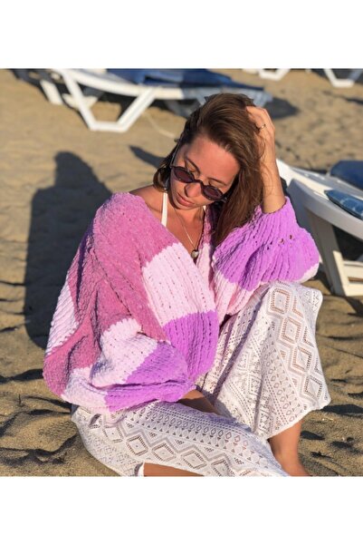 ORGANICMIRA Kadın Pembe Şeritli Oversize Hırka Chunky Ceket Yumuşak Dokulu
