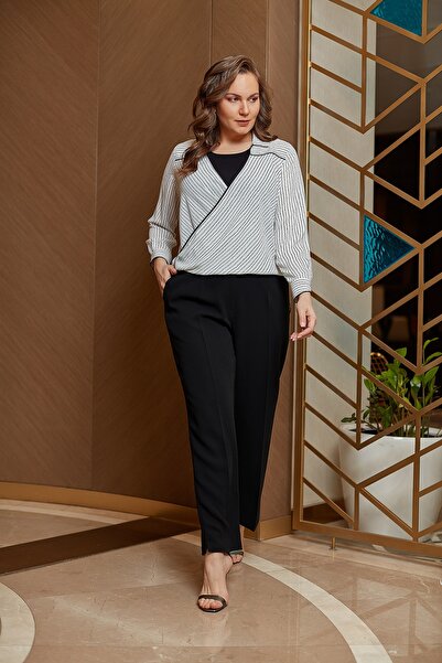 MİYORO Kadın Ince Çizgili Kruvaze Form Büyük Beden Gömlek