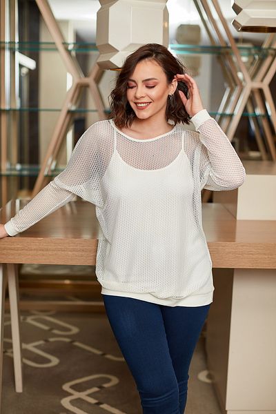 MİYORO Women's Ribbed Mesh Oversize Blouse with Sleeve and Skirt