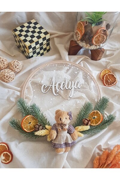 PORTAKAL HANDMADE Dekoratif Kapı Süsü Ayıcıklı Yapay Çam Kasnaklı Portakallı Bebek Odası Süsü