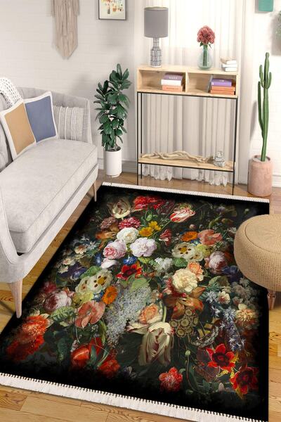 Modern home Modern Renkli Çiçek Detaylı Dijital Baskı Antibakteriyel Halı Yolluk