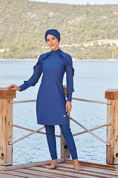 Adasea Arıcı Store Adesa 4104 Lycra Ruffle Μοντέλο Light Navy Blue Hijab μαγιό