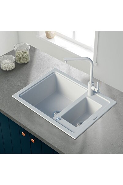 Vıvıano | | 1,5 Göz Beyaz 50x60 Cm Granit Evye + Batarya + Otomatik Tuşlu Sifon