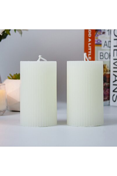 Mument El Yapımı Oluklu Silindir Mum 10 cm– 2’li Set – Krem– Uzun Süreli Yanı...