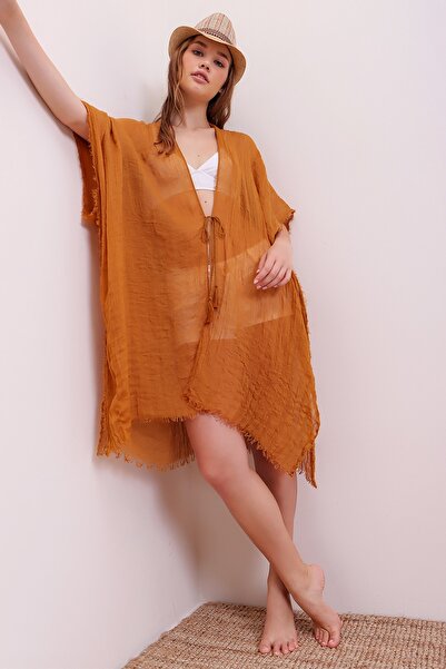 Trend Alaçatı Stili Hellbrauner Kimono mit Quastendetail für Damen ALC-A2293