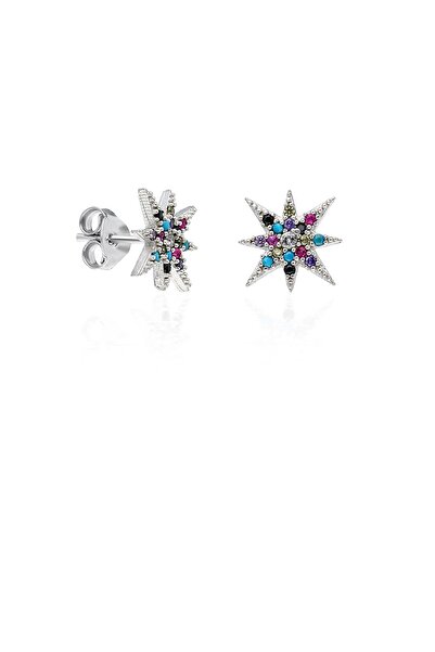 Aykat Gümüş Küpe Yıldızlı Küpesi Vidalı Taşlı Kadın Küpe 925 Ayar Kupe-317