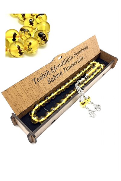 KANUNİ TESBİH Ahşap Kutulu Söz Kombinli Karıncalı Toz Kehribar Tesbih