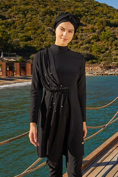 Adasea Arıcı Store Adesa 4248 Chiffon Piece Lycra Black Model Hijab Swimsuit
