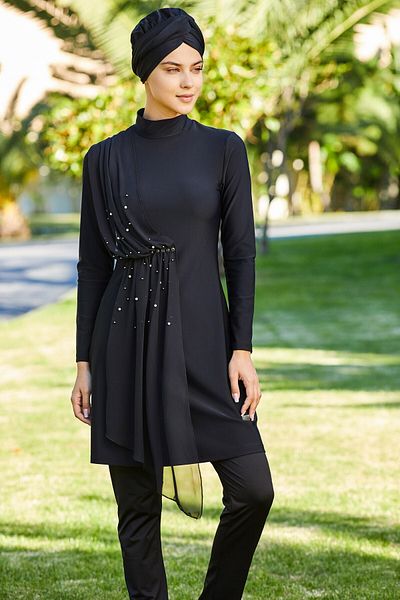 Adasea Arıcı Store Adesa 4248 Chiffon Piece Lycra Black Model Hijab Swimsuit