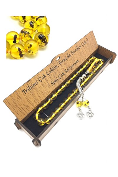 KANUNİ TESBİH Ahşap Kutulu Söz Kombinli Karıncalı Toz Kehribar Tesbih