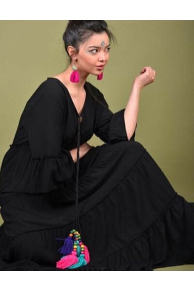 Hazinedan Rochie neagră cu pompon în stil etnic boem pentru femei