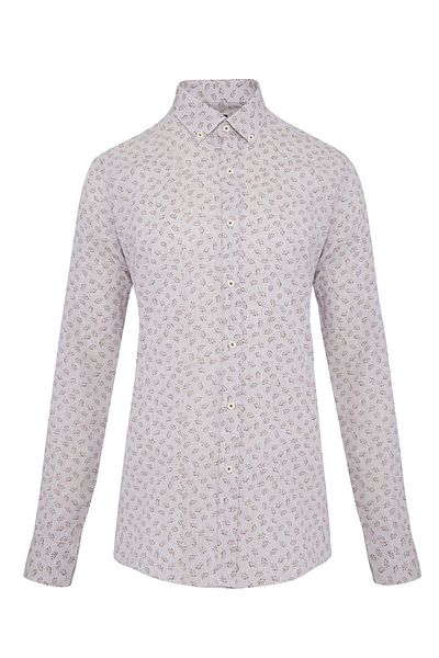 Hatemoğlu Καφέ Slim Fit με εμπριμέ γιακά με μακρυμάνικο λινό πουκάμισο