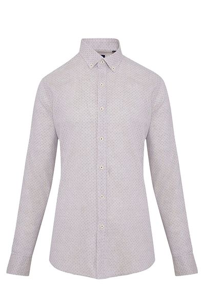 Hatemoğlu Καφέ Slim Fit με εμπριμέ γιακά με μακρυμάνικο λινό πουκάμισο