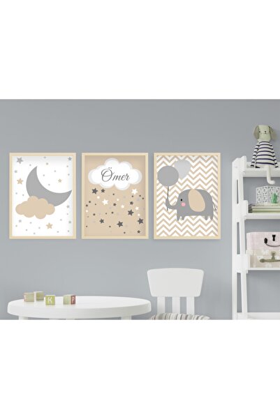 Ya&mu Tablosetleri 3 Adet 33 X 44cm Büyük Boy Ahşap Çerçeveli Bebek, Çocuk Od...