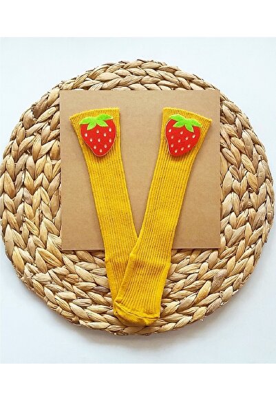 Asa Bebek Çocuk Kız Bebek Küçük Çilek Keçe Süslemeli Hardal Diz Altı Çorap