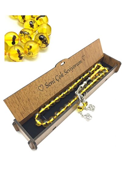 KANUNİ TESBİH Ahşap Kutulu Söz Kombinli Karıncalı Toz Kehribar Tesbih