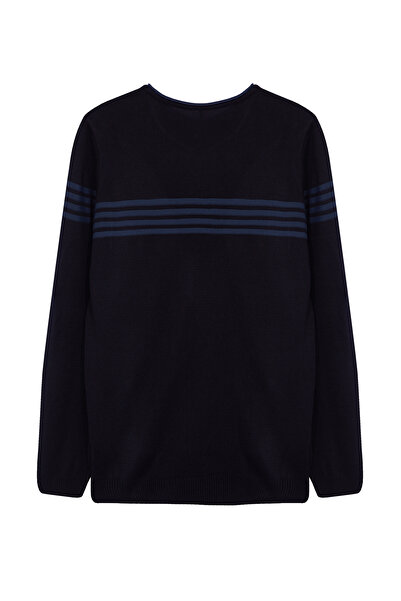 Trendyol Collection Sötétkék karcsú, karcsúsított nyakú, csíkos kötött pulóver TMNAW25KZ00029