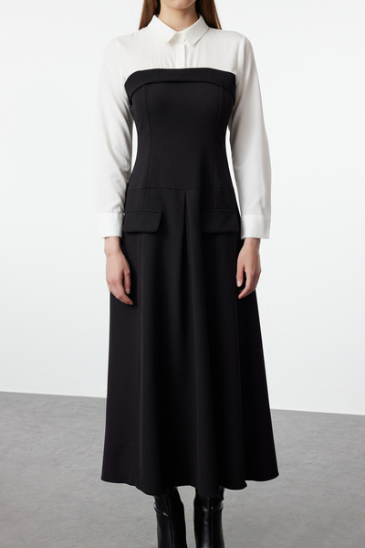 Trendyol Modest Μαύρο υφαντό φόρεμα γιακά πουκαμίσου - TCTAW25EB00076