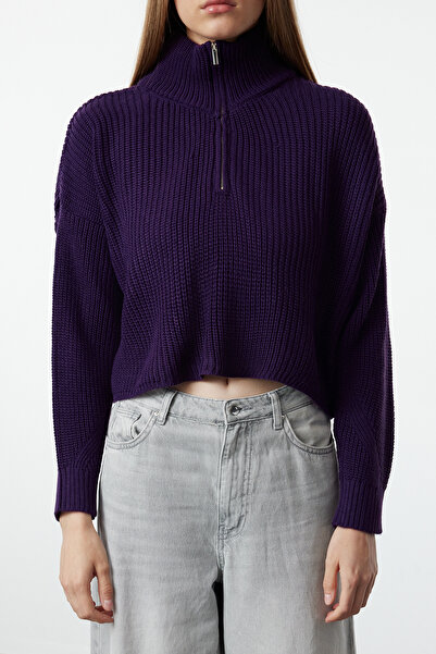 Trendyol Collection Pulover mov Super Crop cu fermoar TWOAW24KZ00527