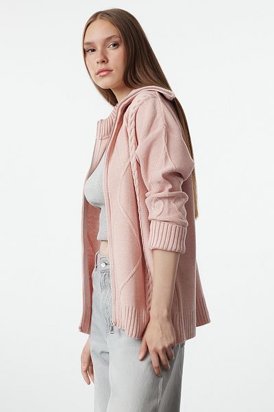 Trendyol Collection Soft Textured Pink Hooded Zippered Knitwear Cardigan - Twoaw25Hi00227