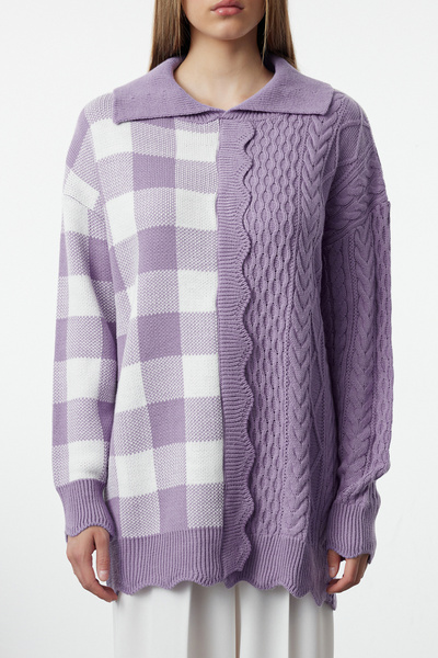 Trendyol Modest Πλεκτό πουλόβερ Polo Neck Lilac - Καρό σχέδιο TCTAW25AK00006