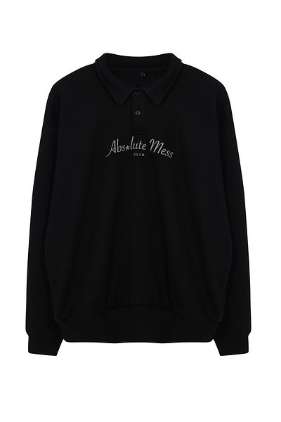 Trendyol Collection Черно голямо/широко изрязано поло яка с отпечатан текст Sweathisrt Tmnaw25Sw00019