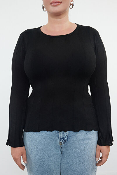 Trendyol Curve Ribbed Thin Knitwear Sweater - Black, Crew Neck TBBAW25AN00044