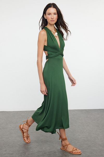 Trendyol Collection TBESS24EL00162 Μοντέλο Χακί Μίντι Πλεκτό Φόρεμα Παραλίας - Δαντέλα