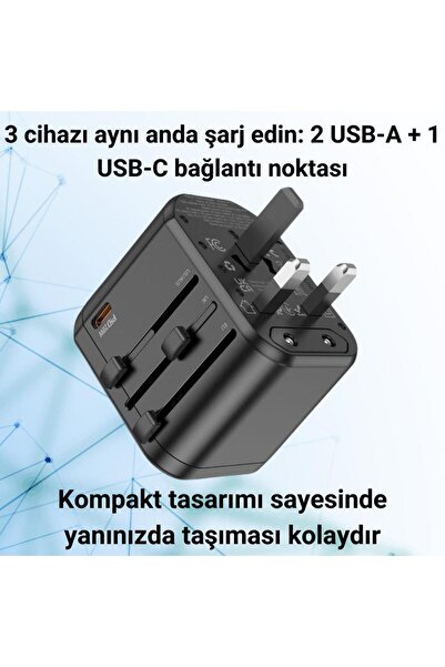 Polham 250v Priz Çevirici Başlık, Avrupa, Usa, Ingiliz Priz Çevirici, 2x Usb, 1x Type C Şarj Başlığı