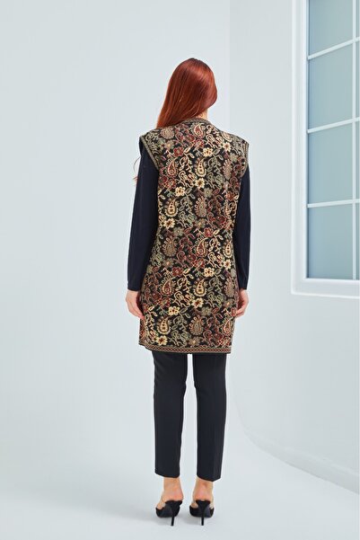 Stilmony Women's Black Pocket Ethnic Pattern Buttoned Long Vest