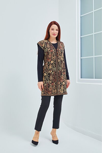 Stilmony Women's Black Pocket Ethnic Pattern Buttoned Long Vest