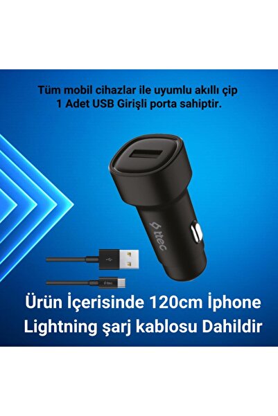 Ttec 1x Usb Girişli 120cm Iphone Lightning Şarj Kablolu Araç Şarj Cihazı, 12/24v Çakmaklık Girişli A