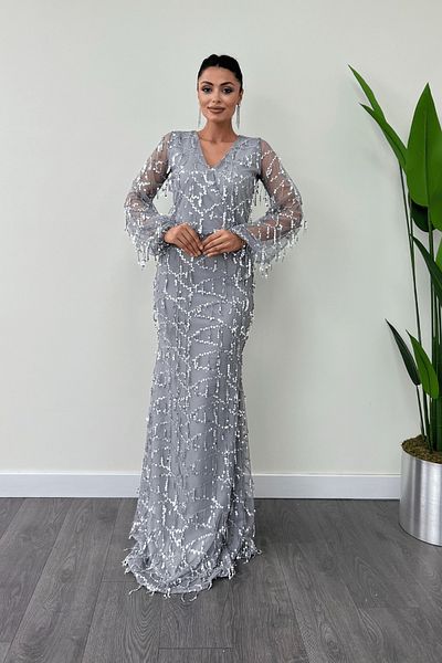 giyimmasalı Sequin Fringed Design Dress - Gray