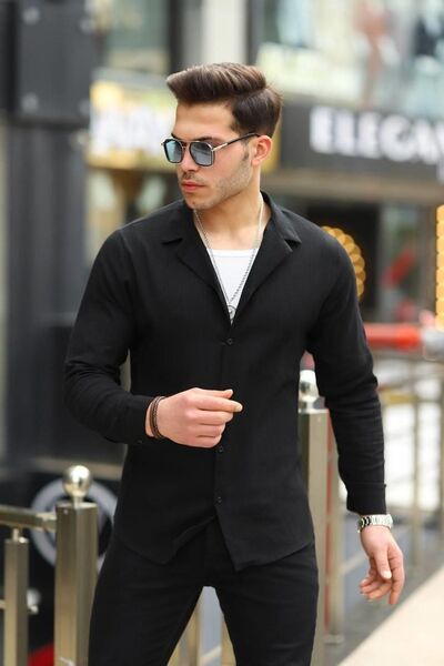 comstar Ανδρικό πουκάμισο με διπλό γιακά μακρυμάνικο μαύρο λινό