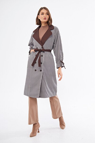 comstar Kadın Belden Bağlamalı Çizgili Trençkot