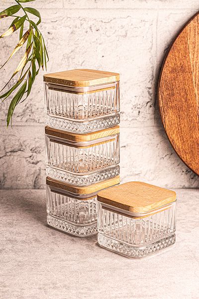 Snippy Bella Soft 4-Piece Square Wooden Vacuumed Glass Breakfast Snack Bowl with Square Lid 230 ml