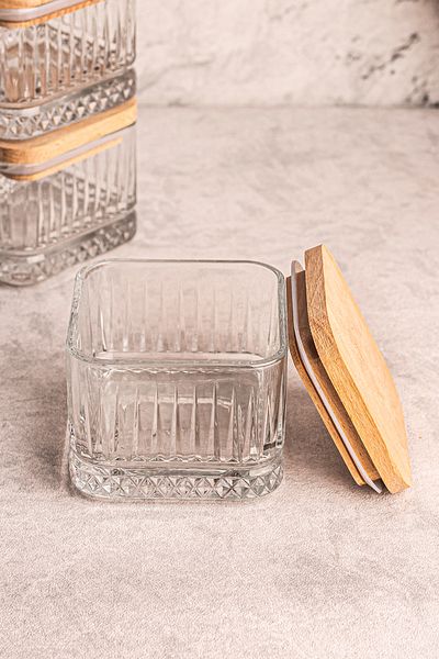 Snippy Bella Soft 3-Piece Square Vacuumed Glass Breakfast Snack Bowl - Wooden Square Lid, 230 ml