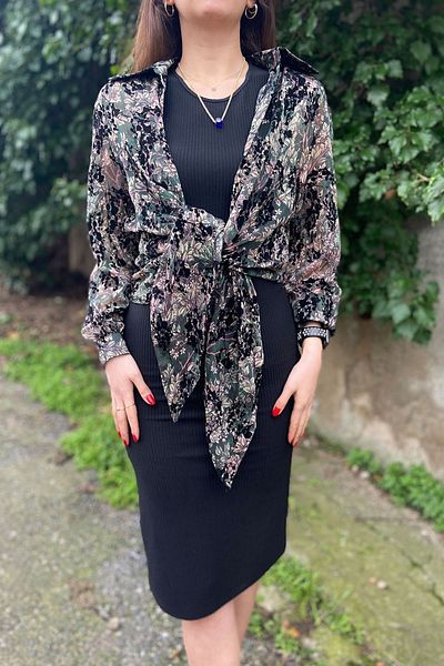 Samsara Black Midi Length Velvet Detail Corduroy Knitted Fabric Pencil Dress with Shirt
