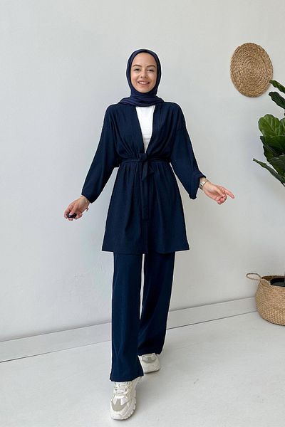 Ka Hijab Fakir Arm Belted Kimono Double Set - Navy Blue