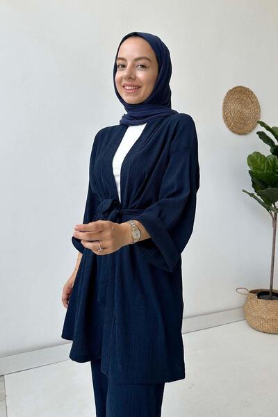 Ka Hijab Fakir Arm Belted Kimono Double Set - Navy Blue