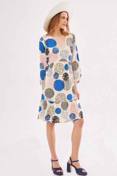 armonika Γυναικείο φόρεμα Saks V-λαιμόκοψη με βολάν μέσης μακρυμάνικο φόρεμα ...