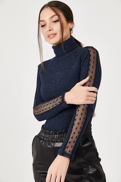 armonika Női sötétkék nyakú ujjú csipke részletes kötöttáru pulóver ARM-21K001056