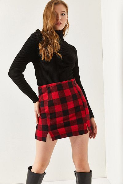 armonika Women's Plaid Pattern Stitched Slit Mini Skirt Arm-22y001196