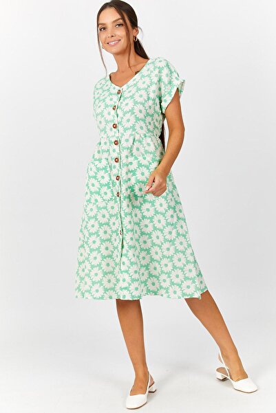 armonika Women's Mint Floral Pattern Pocket Buttoned Front Dress ARM-22Y001152