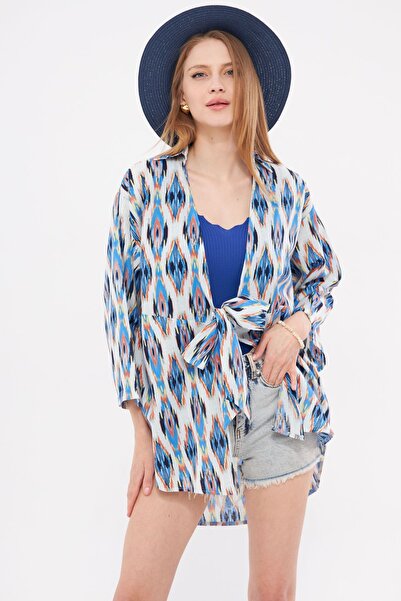 armonika Plava Sa deznom ženska kimono košulja - prednja Na vezivanje , ARM-2...