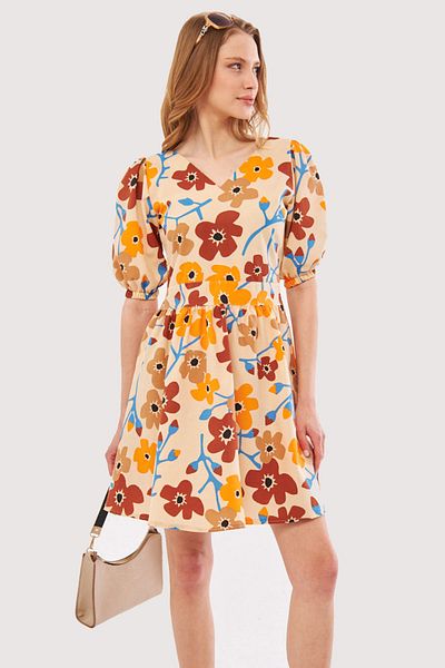 armonika Beiges Minikleid mit V-Ausschnitt, Ballonärmeln, Gürtel, detailliertem Muster, ARM-24Y001016 für Damen