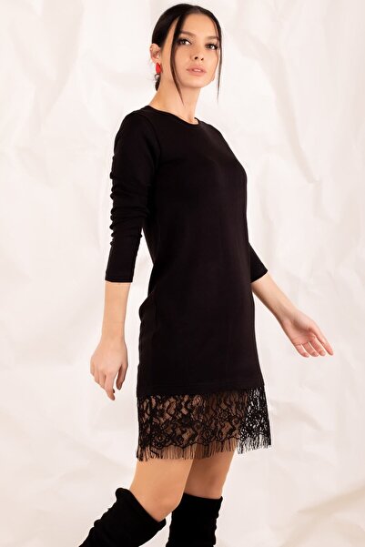 armonika Kadın Siyah Alti Dantelli Triko Elbise ARM-20K001109