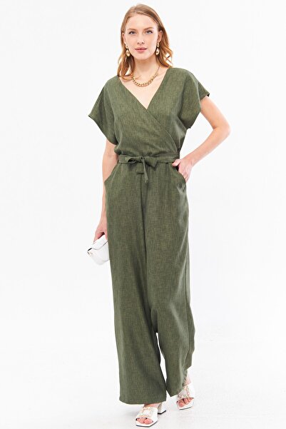 armonika Дамски гащеризон с широки крачоли и джобове в цвят каки - ARM-24Y001073